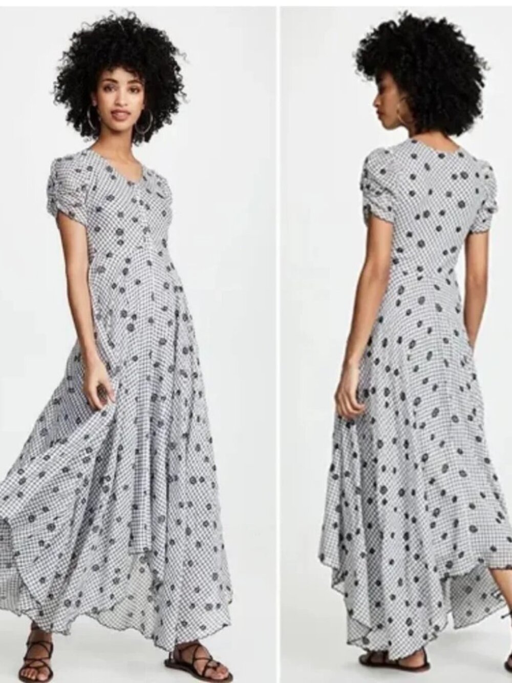 Womens LoveShackFancy Coralie Black White (Item-412) Floral Check Maxi Dress 0